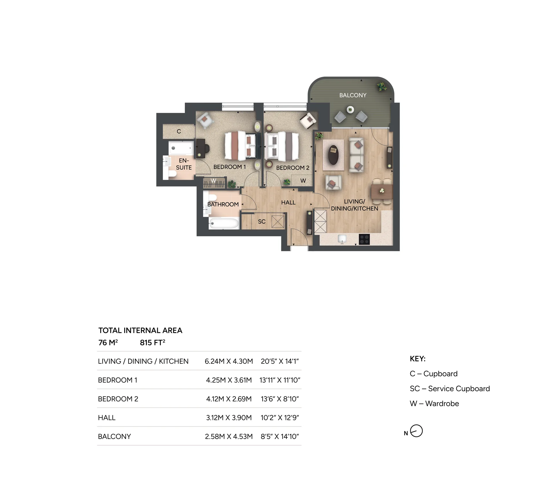 2 bedroom, 2 bathroom floorplan