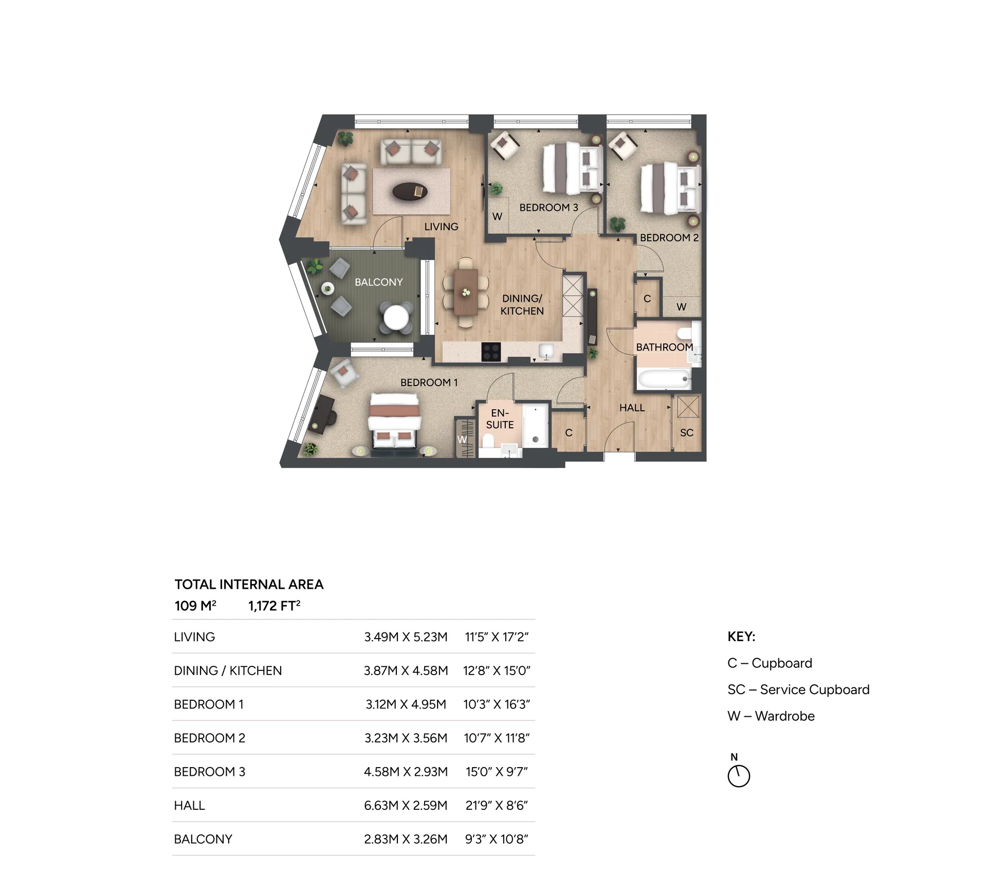 3 bedroom, 2 bathroom floorplan