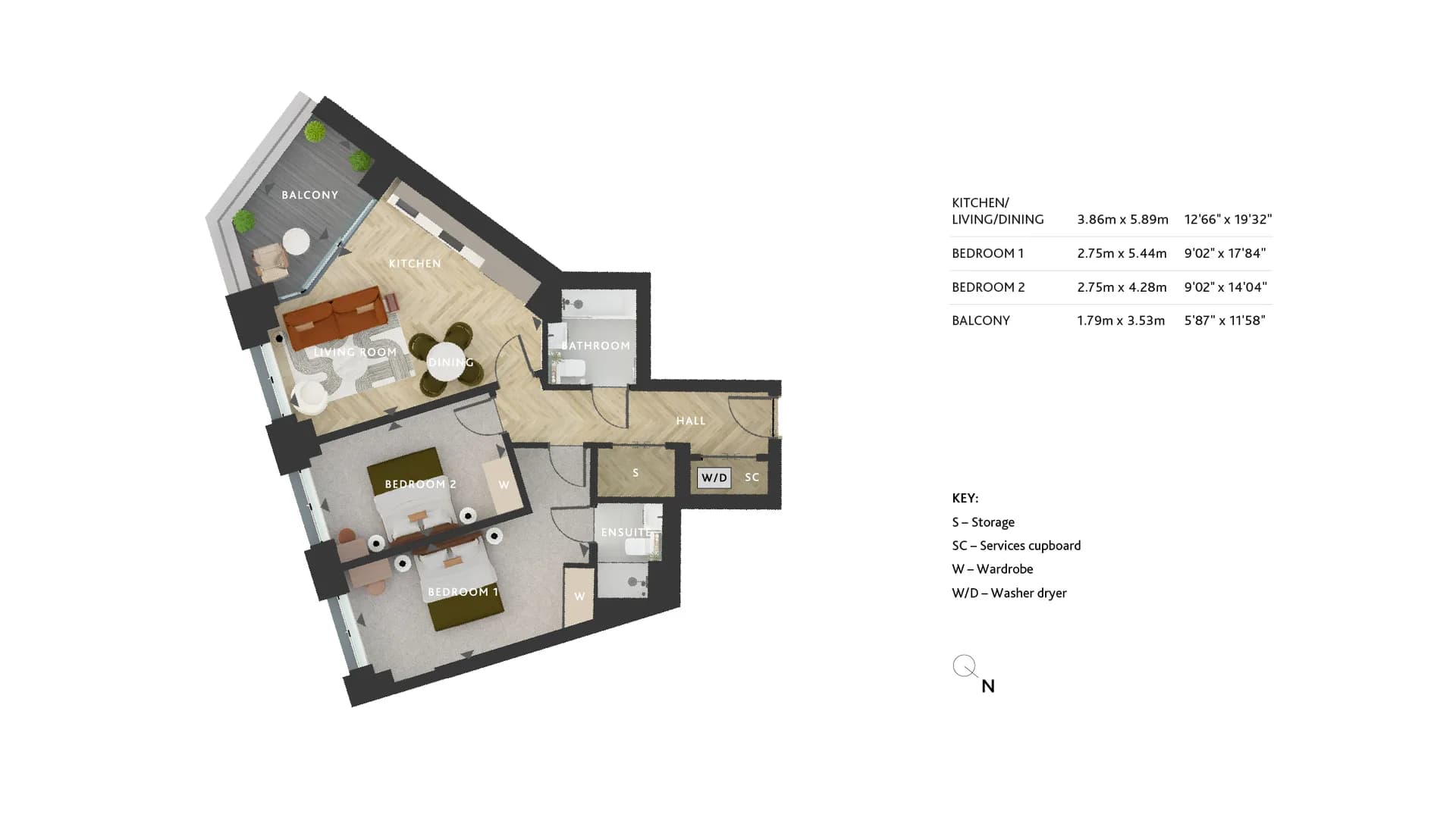 2 bedroom, 2 bathroom floorplan